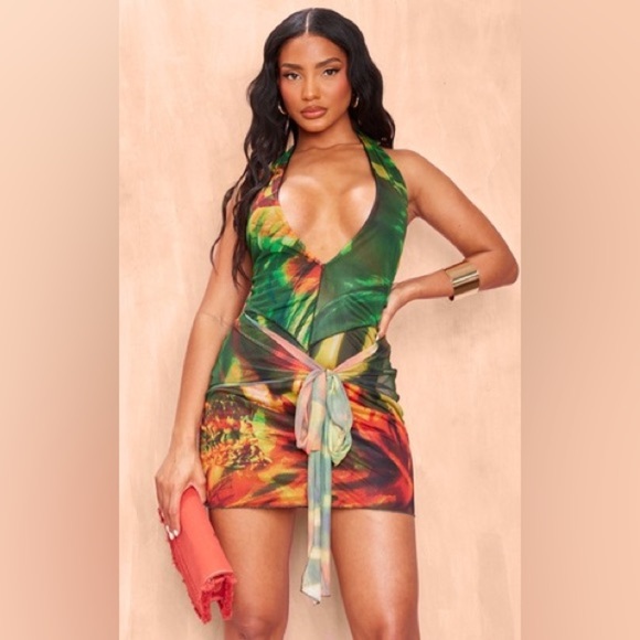 GREEN PRINTED LINED MESH EXTREME HALTERNECK WRAP MINI DRESS Size 10 - Picture 1 of 8